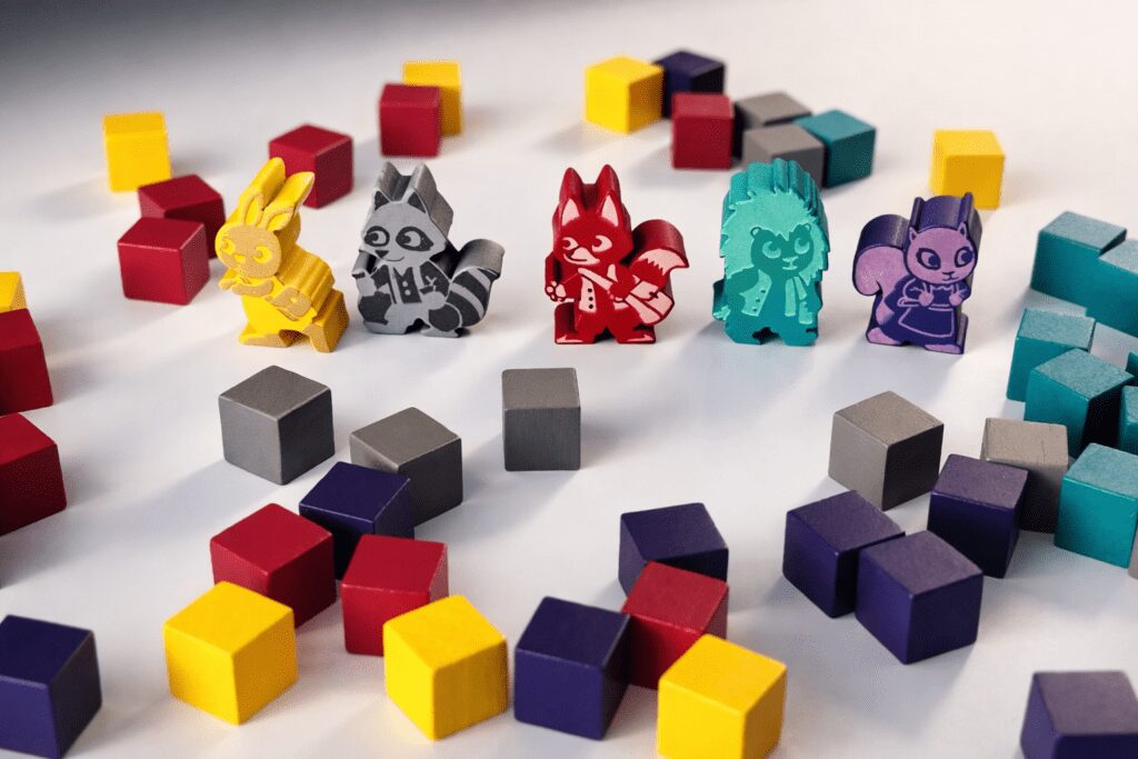 Meeples y cubos de Maple Valley juego de mesa