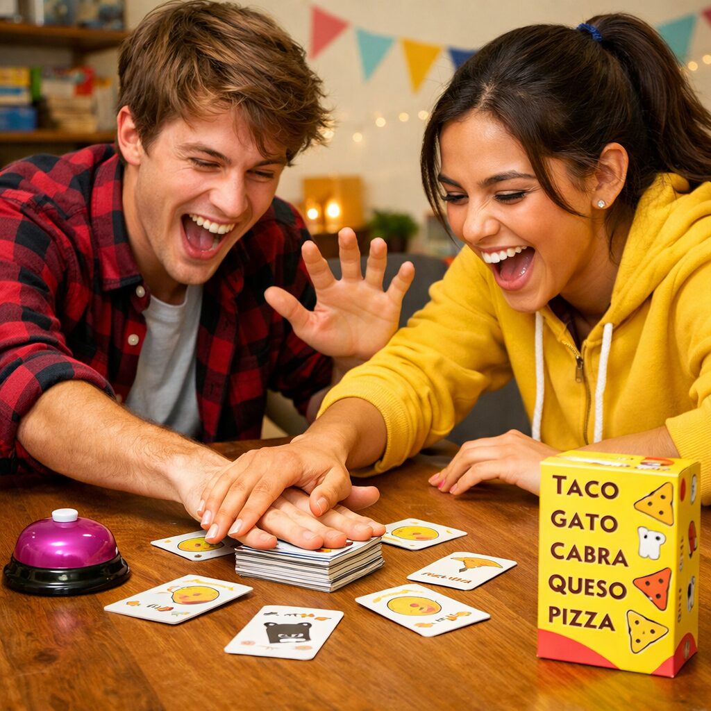 Dos personas jugando a Taco Gato Cabra Queso Pizza animadamente, adaptar juegos para grupos