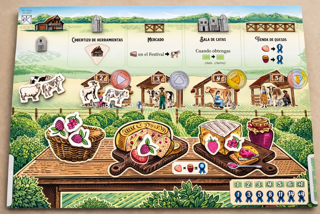 Tablero de jugador con recursos en Fromage juego de mesa